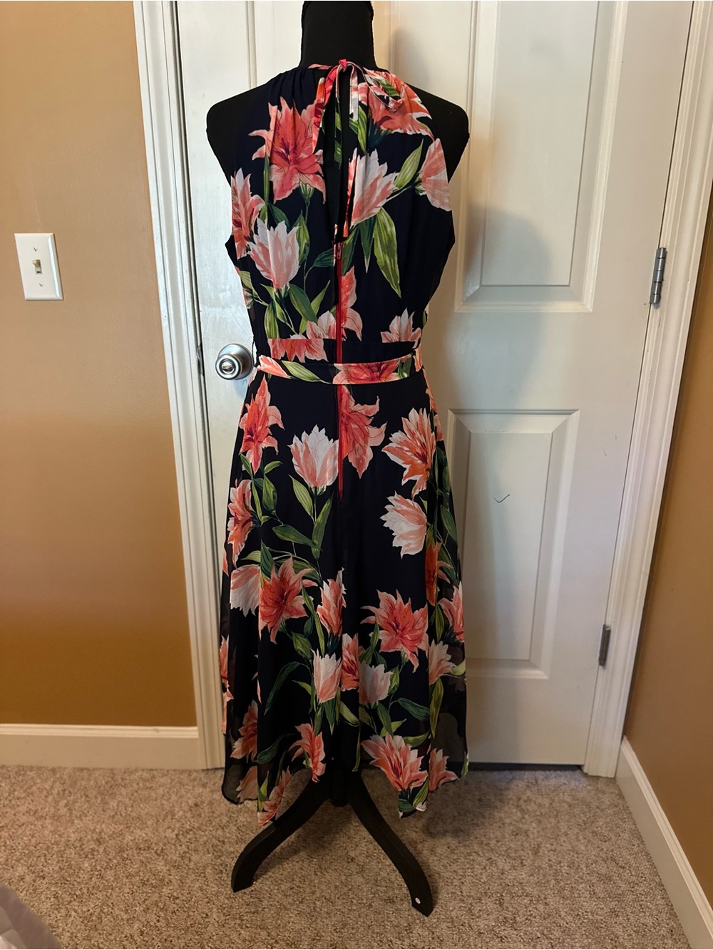 Eliza J Navy Blue Halter Floral handkerchief Dress in Coral and Green - Picture 2 of 12